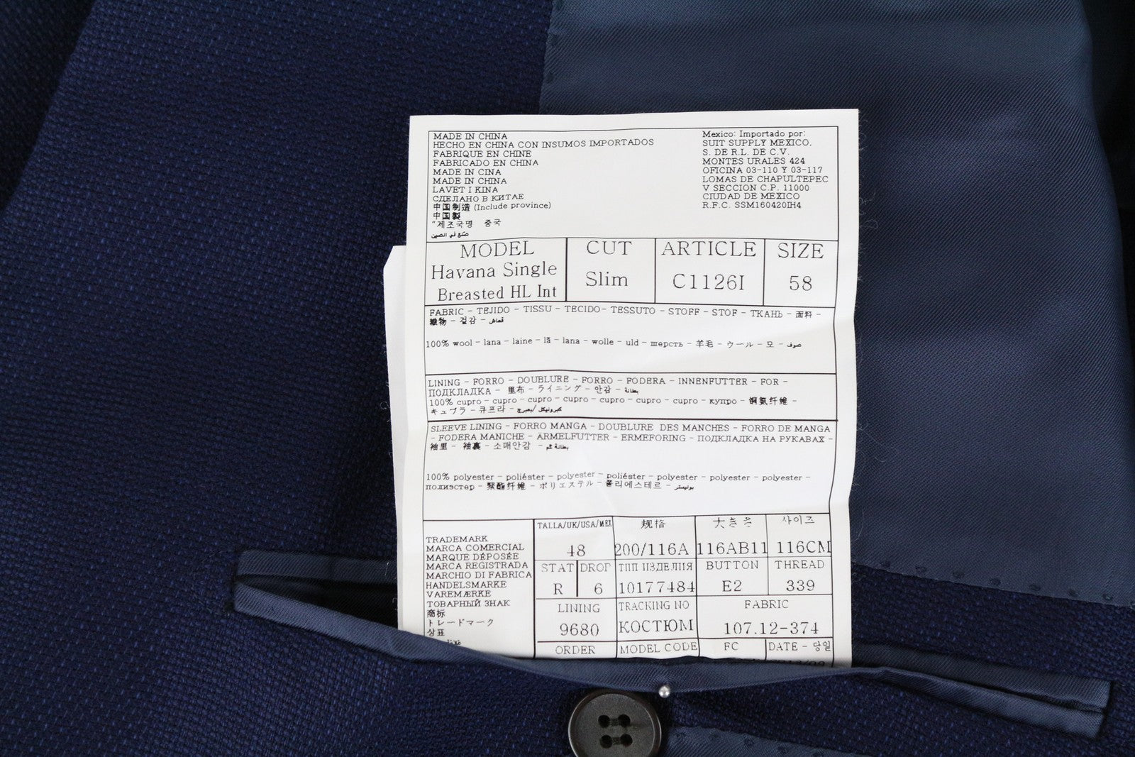 „SUITSUPPLY Havana Slim Fit“ vilnonis švarkas UK48R vyriškas mėlynas klasikinis vienaeilis švarkas