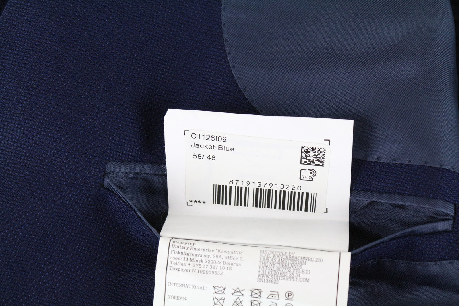 „SUITSUPPLY Havana Slim Fit“ vilnonis švarkas UK48R vyriškas mėlynas klasikinis vienaeilis švarkas