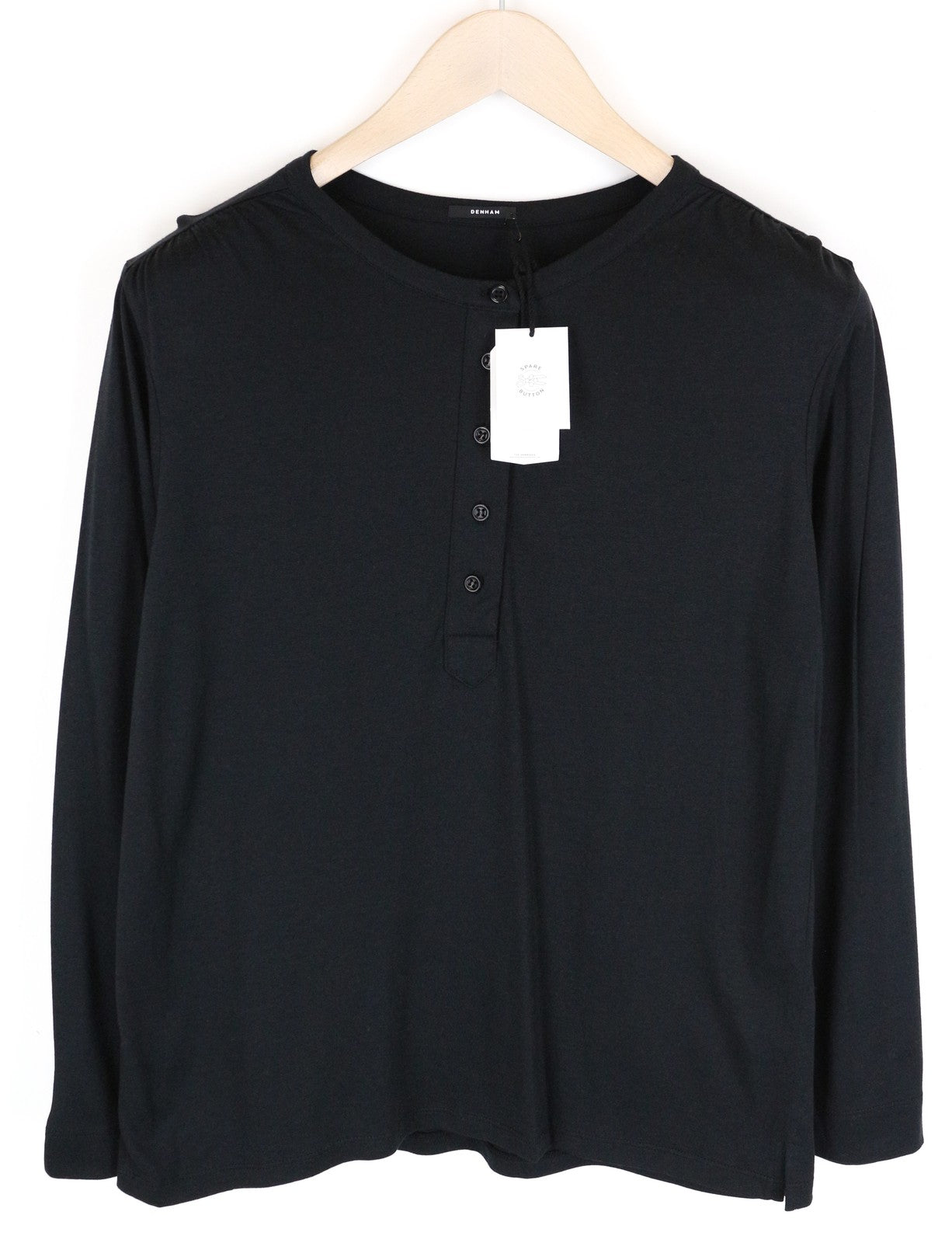 DENHAM Baldwin T-Shirt XS Black Half-Button Cotton Blend Long Sleeve Women's