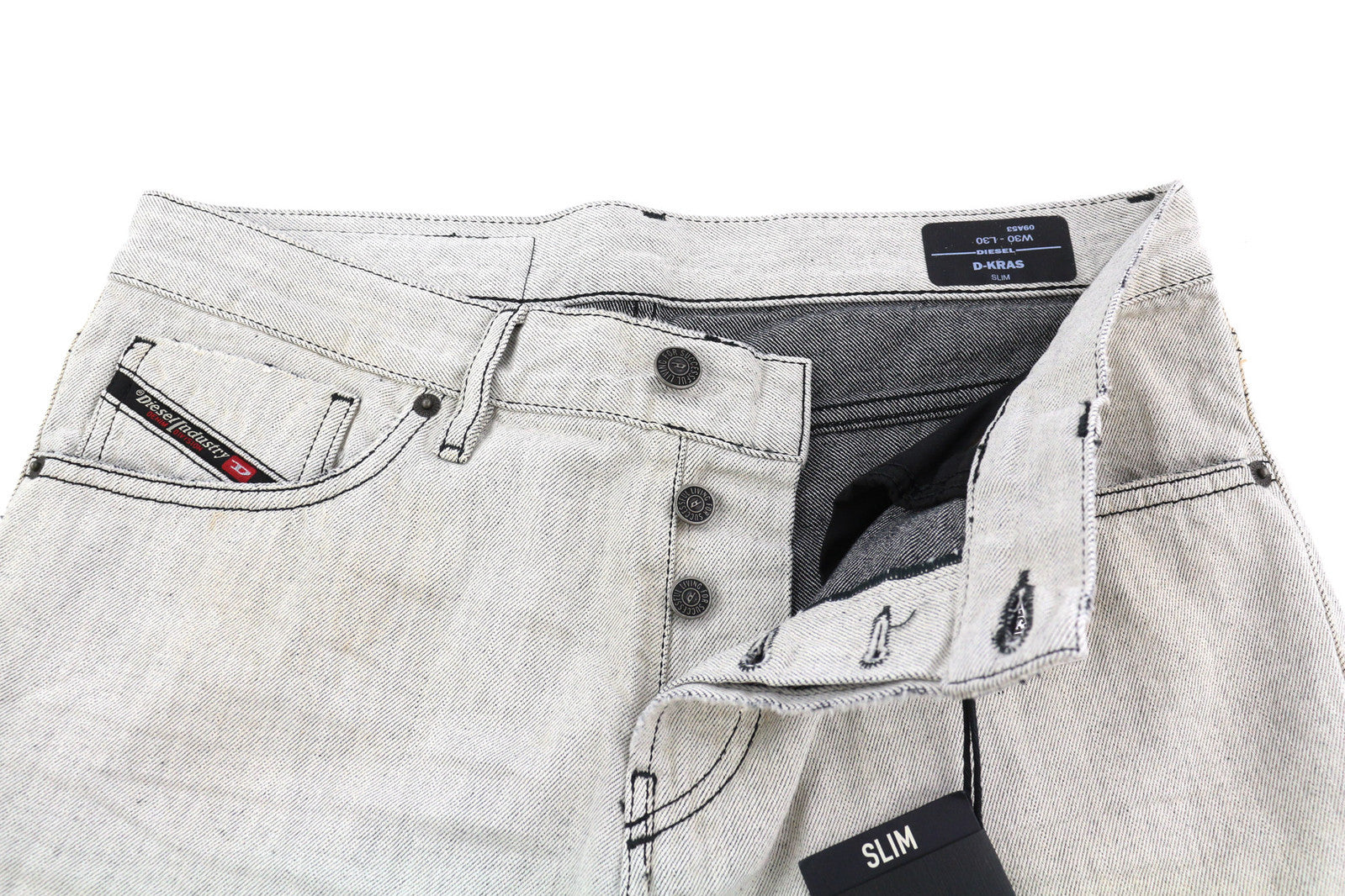 DIESEL D-Kras 09A53 vyriški džinsai W30/L30 Sim Fit dažyto stiliaus, rekomenduojama kaina – 220 €, šviesaus džinso spalvos. 