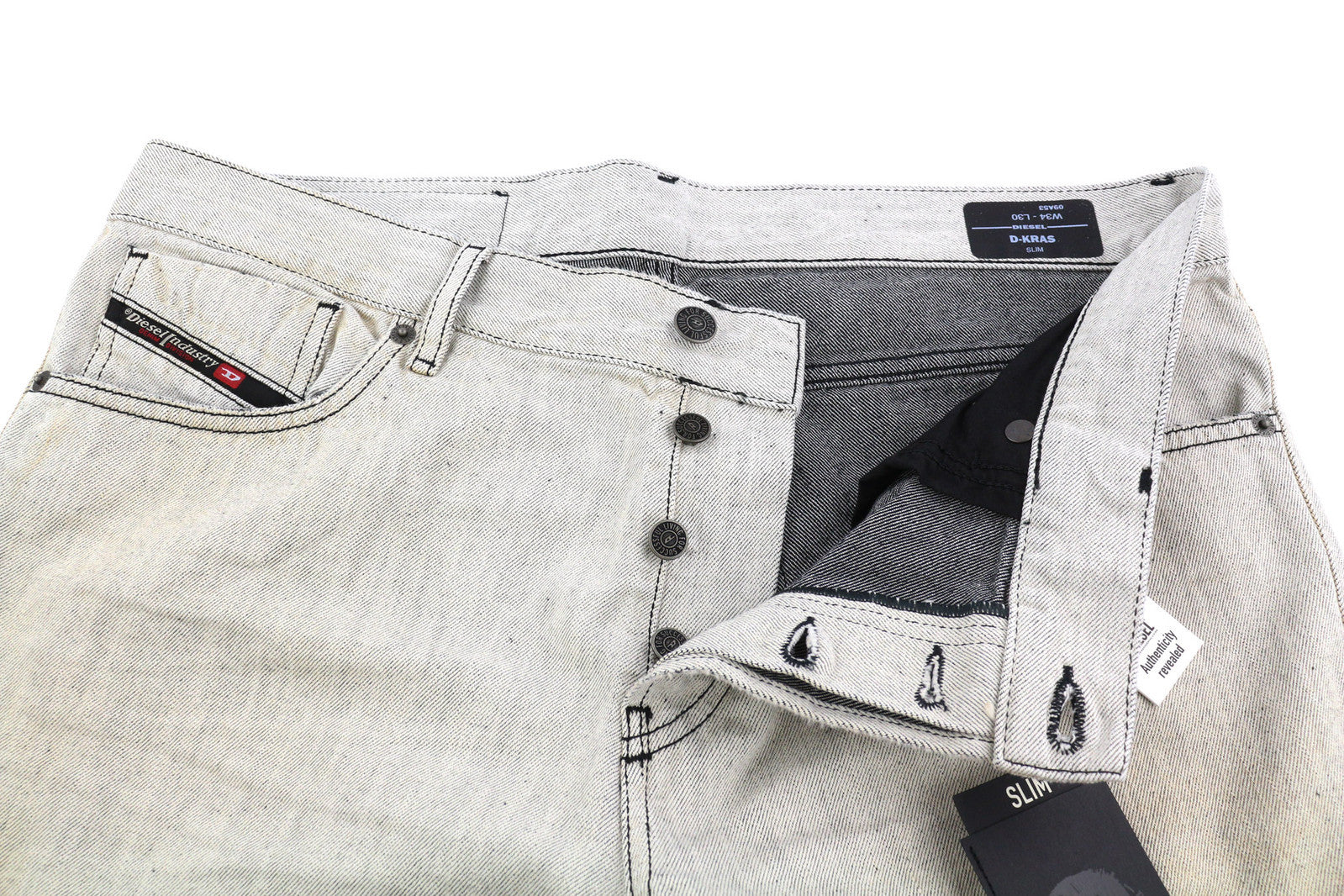 DIESEL D-Kras 09A53 vyriški džinsai W34/L30 Sim Fit dažyto stiliaus RRP220 šviesiai džinsinis audinys
