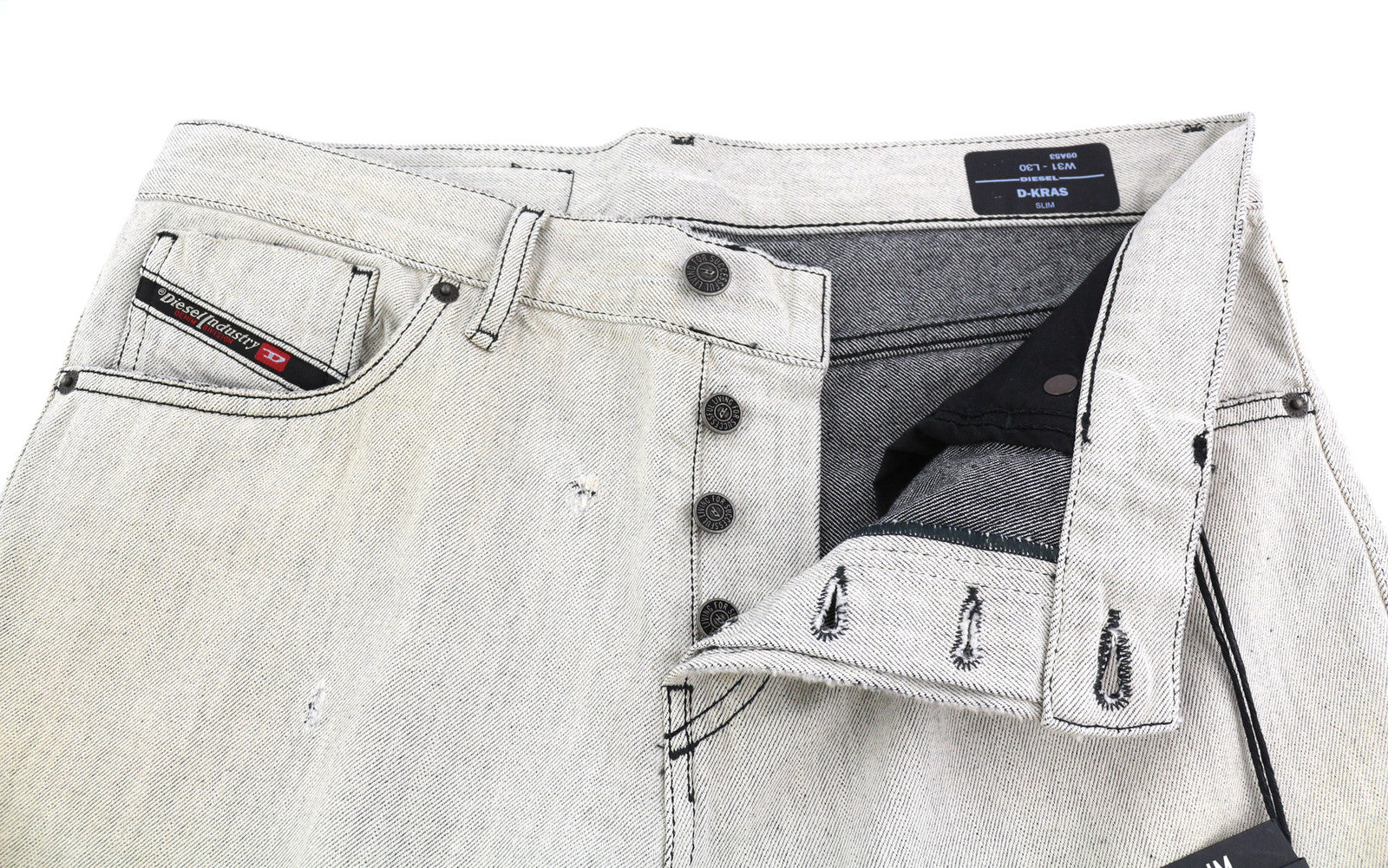 DIESEL D-Kras 09A53 vyriški džinsai W31/L30 Sim Fit dažyto stiliaus, rekomenduojama kaina – 220 €, šviesaus džinso spalvos. 