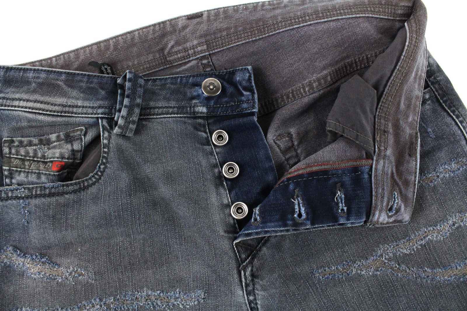 DIESEL vyriški džinsai W26/L30 Larkee-Beex 084TL siaurėjantys pilki plėšyti tamprūs džinsai 