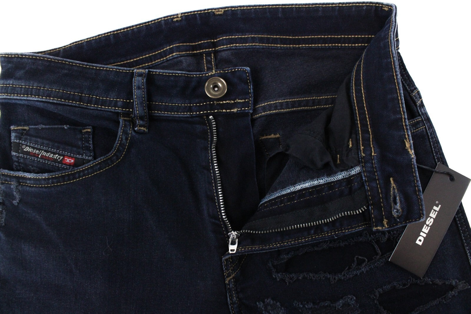 DIESEL vyriški džinsai W28/L32 Thommer 069GM aptempti, tamsiai mėlyni, plėšyti, tamprūs. 