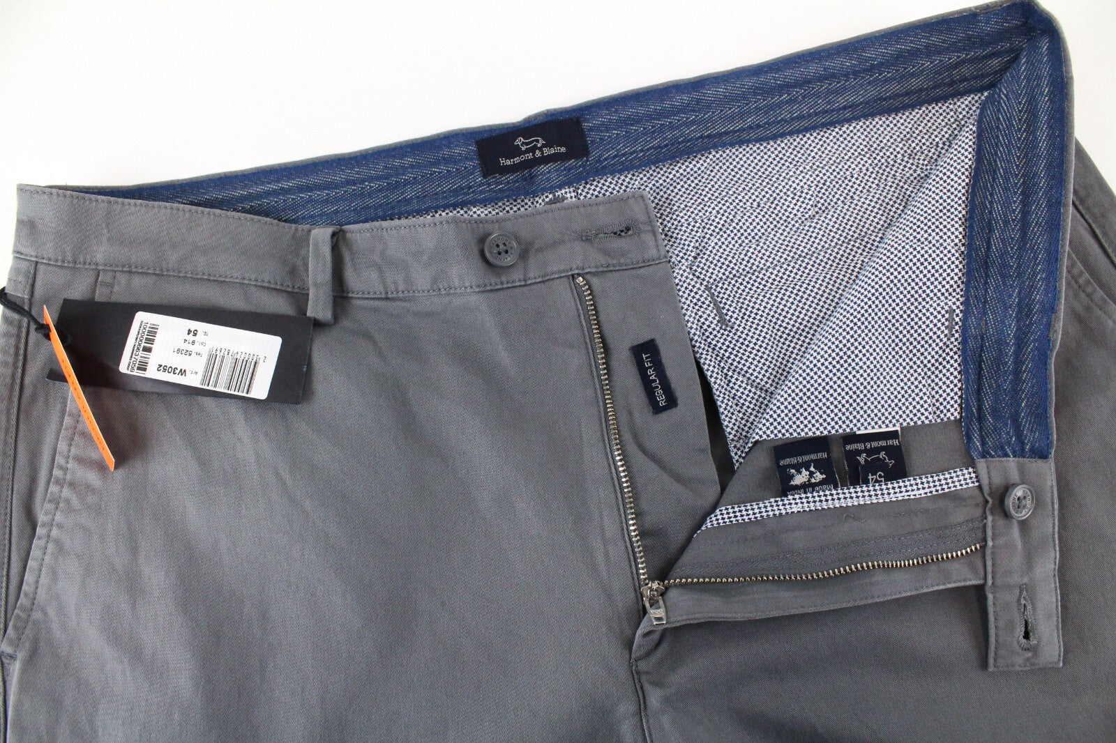 HARMONT & BLAINE Men Trousers 54 Stretch Cotton Grey Flat Front Regular Fit