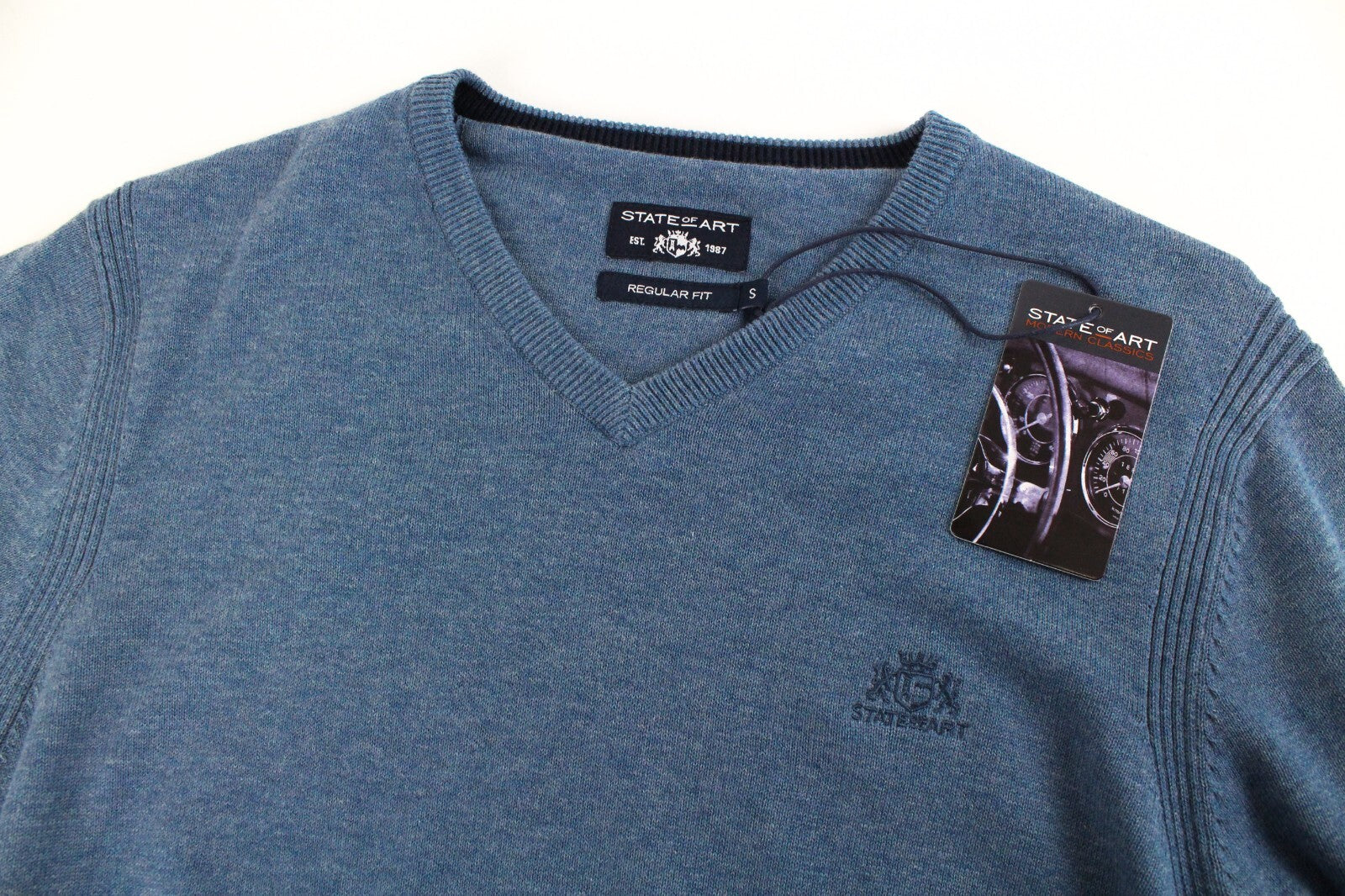 „STATE OF ART“ vyriškas megztinis S dydžio mėlynas medvilninis ilgomis rankovėmis megztinis 
