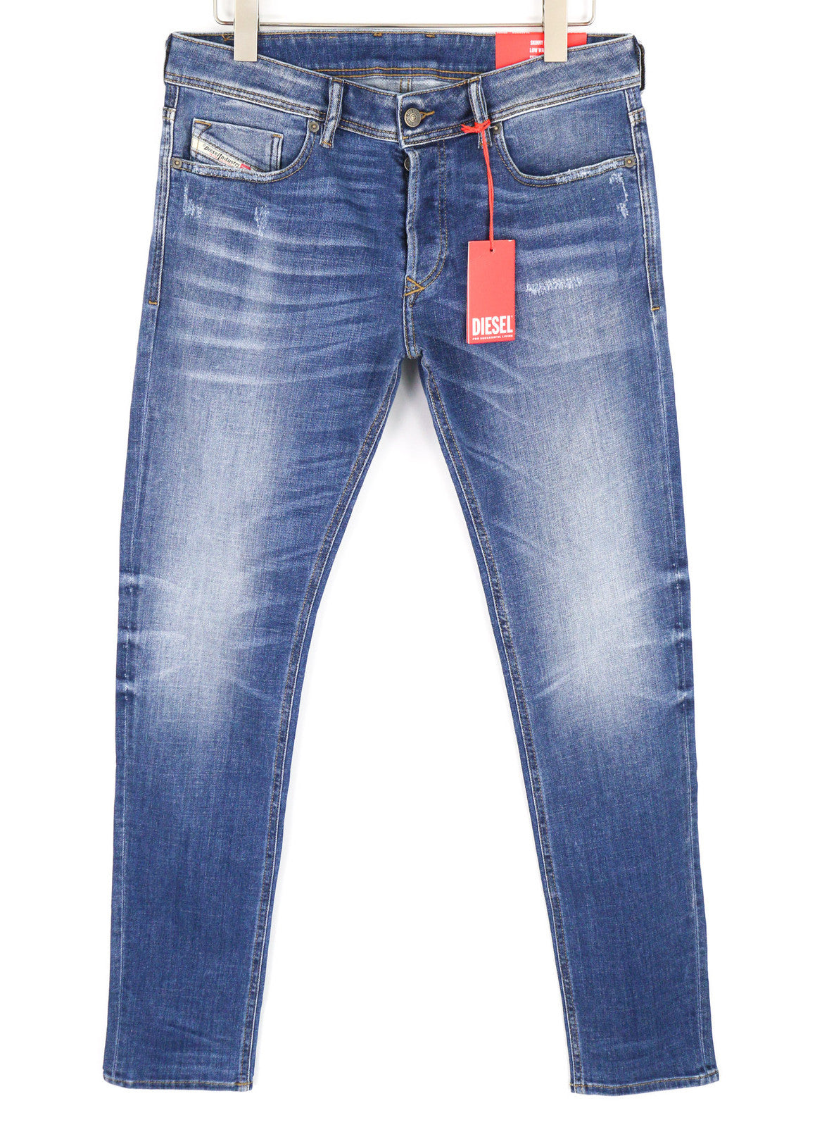 DIESEL Sleenker-X 09A86 vyriški džinsai W33/L32 aptempti, žemo juosmens, aptempti, mėlyni. Rekomenduojama kaina – 195 €. 