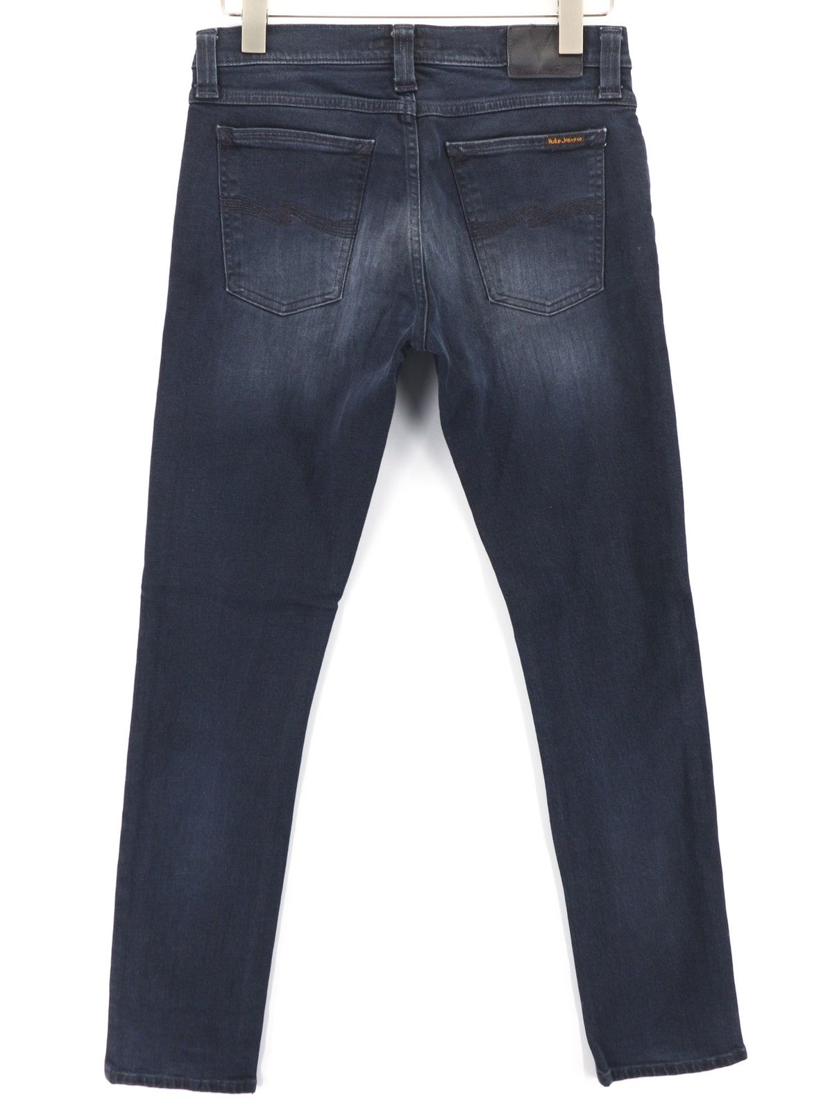 NUDIE JEANS vyriški aptempti ilgi John džinsai W30/L32 ploni kirpimo skalbti tamprūs tamsiai mėlyni 