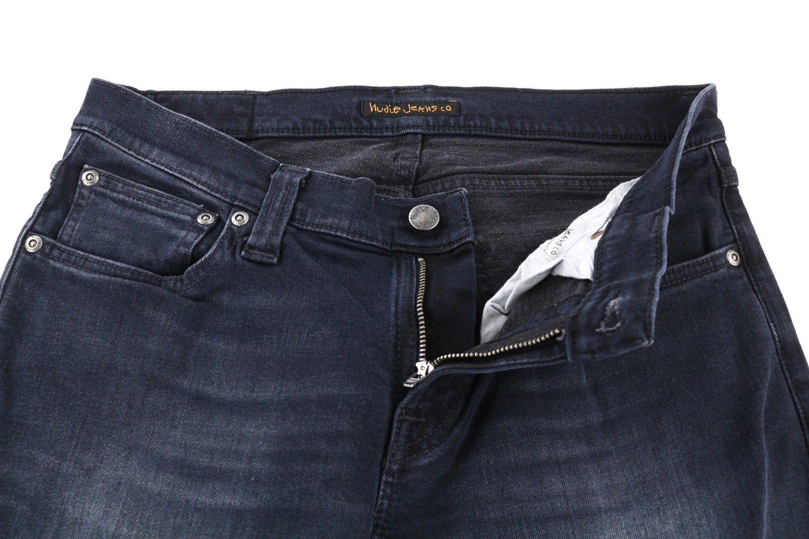 NUDIE JEANS vyriški aptempti ilgi John džinsai W30/L32 ploni kirpimo skalbti tamprūs tamsiai mėlyni 