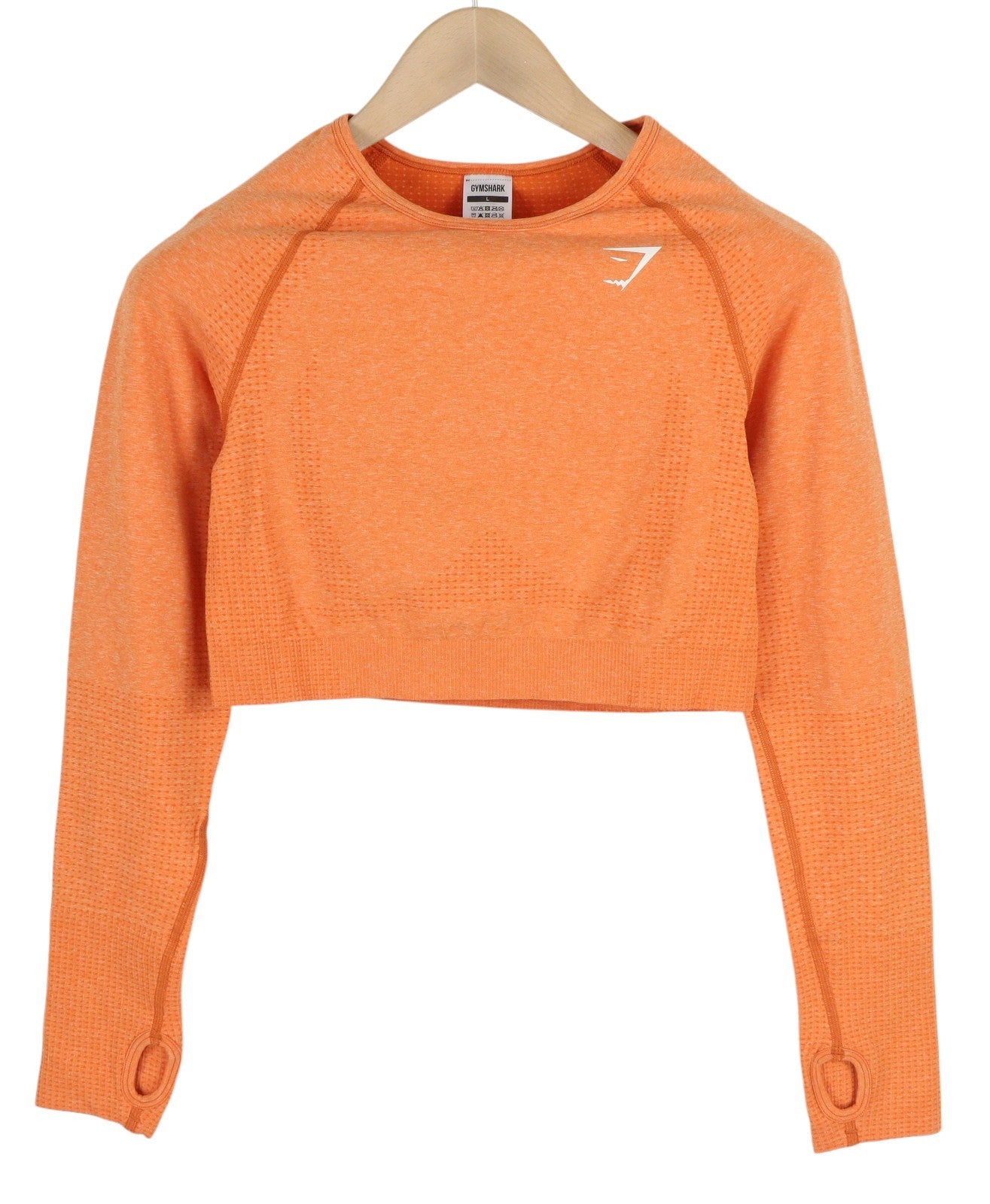 GYMSHARK Vital moteriški marškinėliai ilgomis rankovėmis, trumpinti, su skylutėmis nykščiui, besiūliai, oranžiniai 