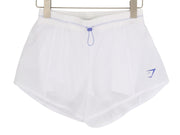 GYMSHARK Pulse moteriški šortai XS dydžio, balti, 2in1, suformuota nugara, vidutinio liemens juosmuo, reguliuojamas juosmuo. 