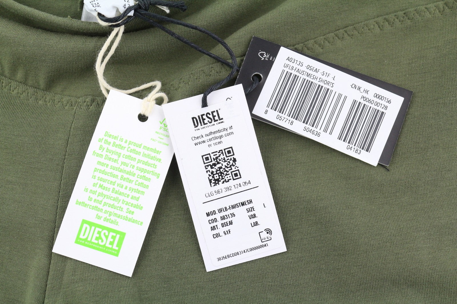 DIESEL Uflb-Faustmesh moteriški šortai L žali su elastingu juosmeniu perforuota detale 