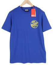 DIESEL T-Diegor-E7 vyriški marškinėliai L dydžio, mėlyni, trumpomis rankovėmis, apvalia kaklo iškirpte, su logotipu ir trikotažu. 