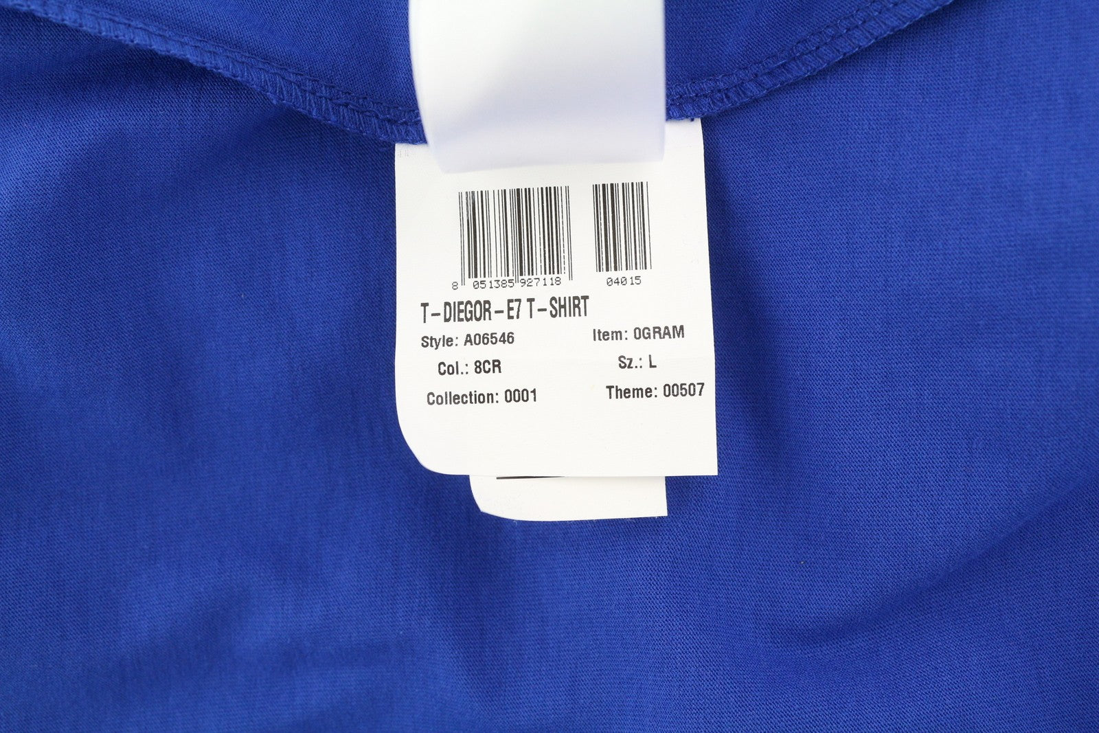 DIESEL T-Diegor-E7 vyriški marškinėliai L dydžio, mėlyni, trumpomis rankovėmis, apvalia kaklo iškirpte, su logotipu ir trikotažu. 