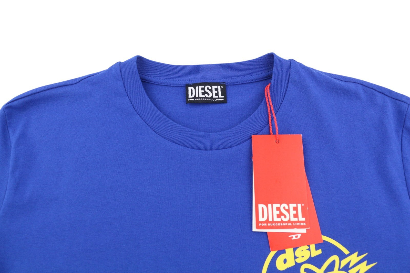 DIESEL T-Diegor-E7 vyriški marškinėliai L dydžio, mėlyni, trumpomis rankovėmis, apvalia kaklo iškirpte, su logotipu ir trikotažu. 