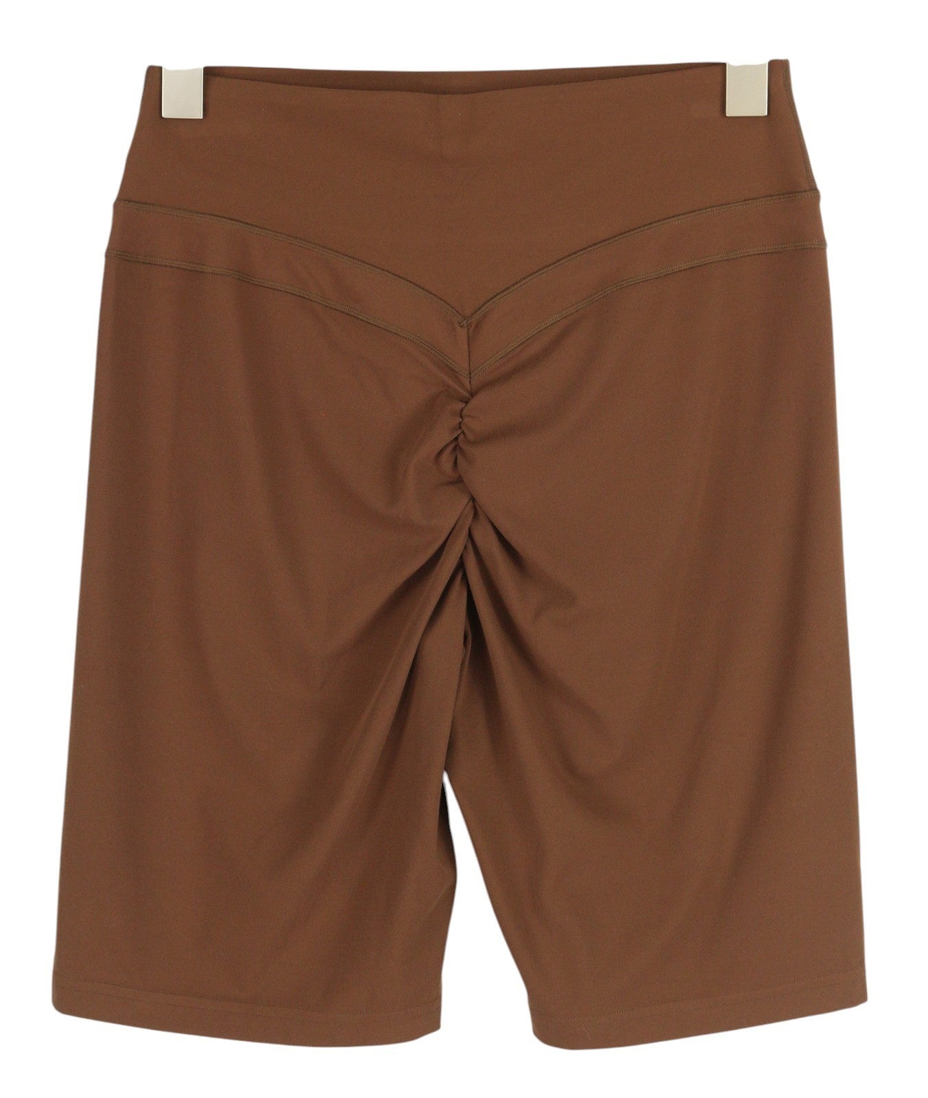 GYMSHARK Whitney moteriški šortai, rudi, su aukštu juosmeniu, tamprūs, sportiniai šortai su logotipu. 