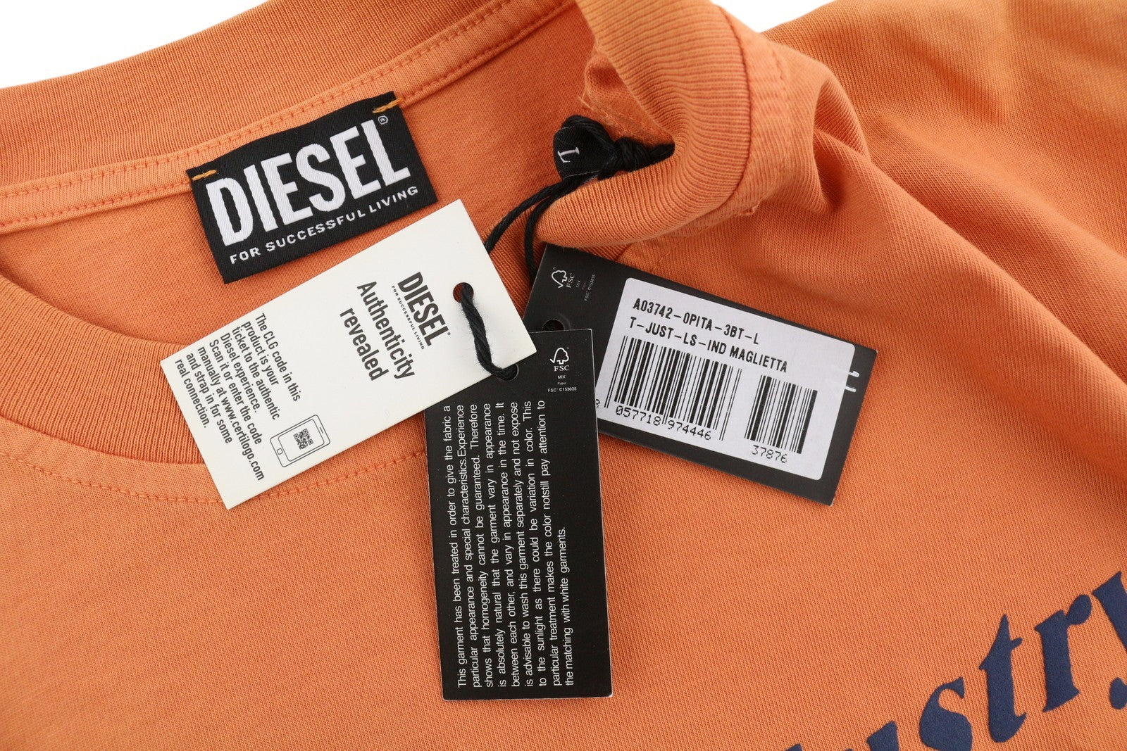 DIESEL T-Just-LS-Ind vyriški marškinėliai L dydžio, oranžiniai, ilgomis rankovėmis, apvalia apykakle, trikotažo spalvos, RRP 110 € 