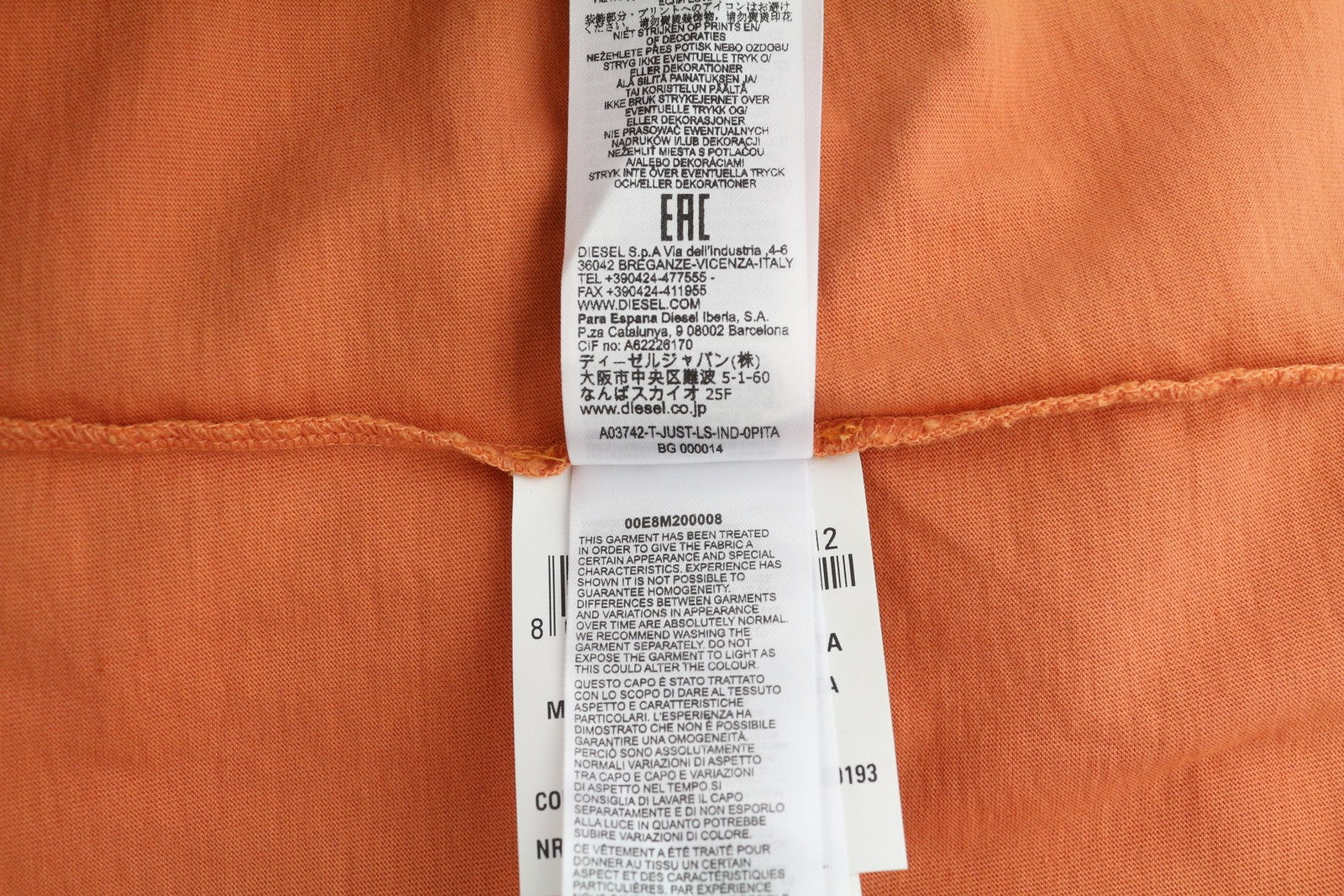 DIESEL T-Just-LS-Ind vyriški marškinėliai L dydžio, oranžiniai, ilgomis rankovėmis, apvalia apykakle, trikotažo spalvos, RRP 110 € 