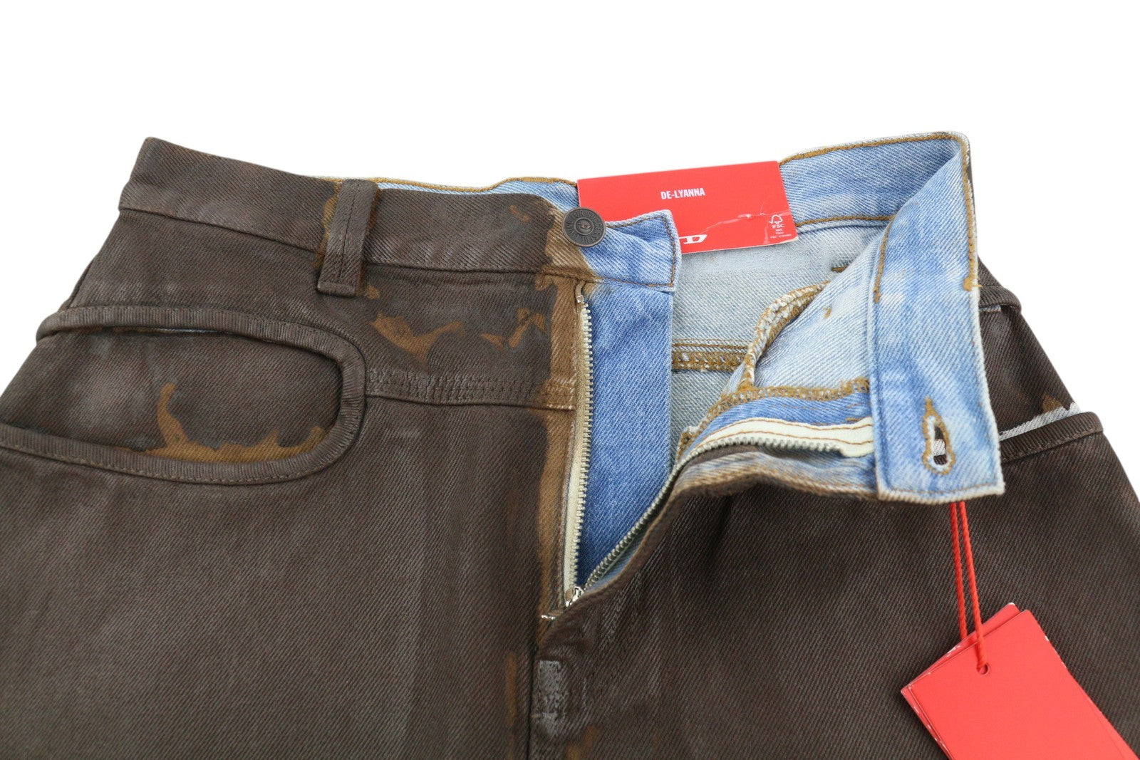 DIESEL De-Lyanna 0EIAC moteriškas sijonas W26 rudas dengtas blizgus džinsinis mini sijonas su užtrauktuku, rekomenduojama kaina – 295 € 