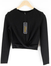 ONLY Queeny Women Top S Black Long Sleeved Stretch Cropped Pullover Twist Detail