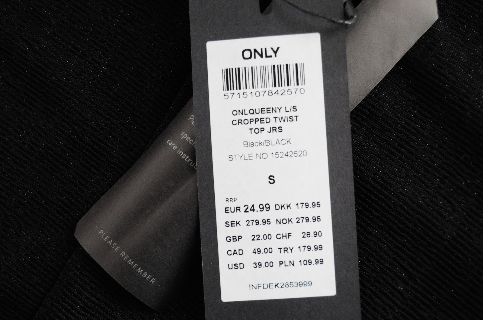 ONLY Queeny Women Top S Black Long Sleeved Stretch Cropped Pullover Twist Detail