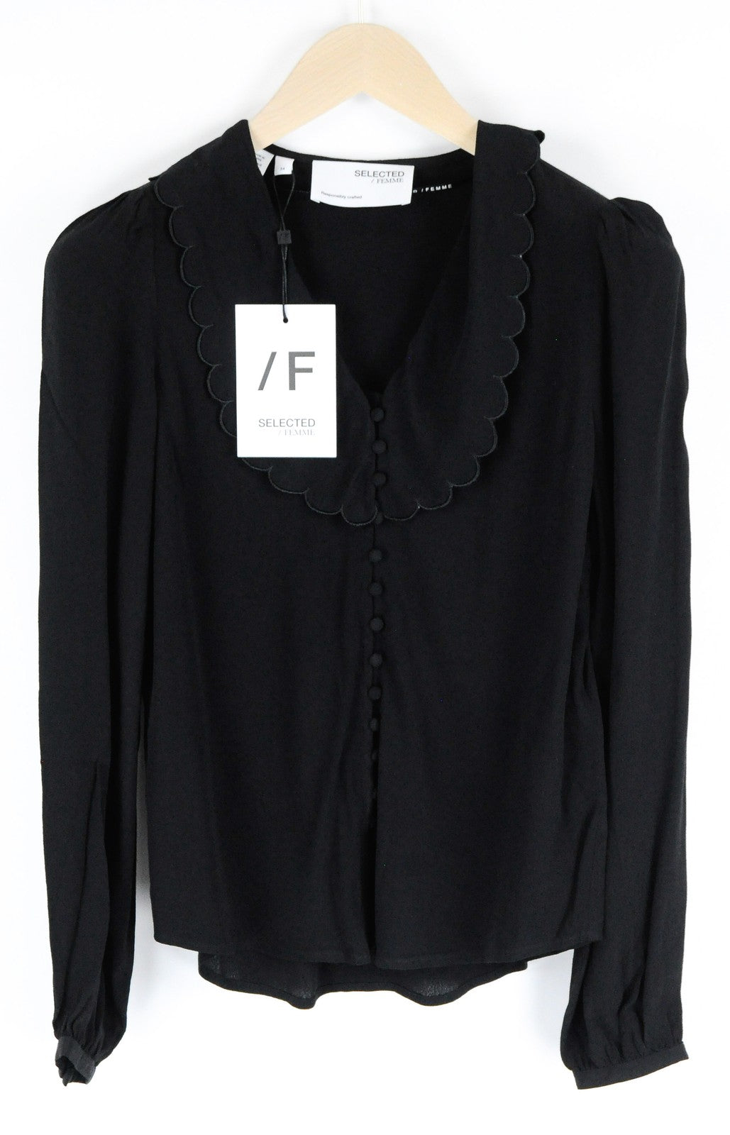 SELECTED Women Shirt EU34 Black Long Sleeved Button-Up Lightweight Collared