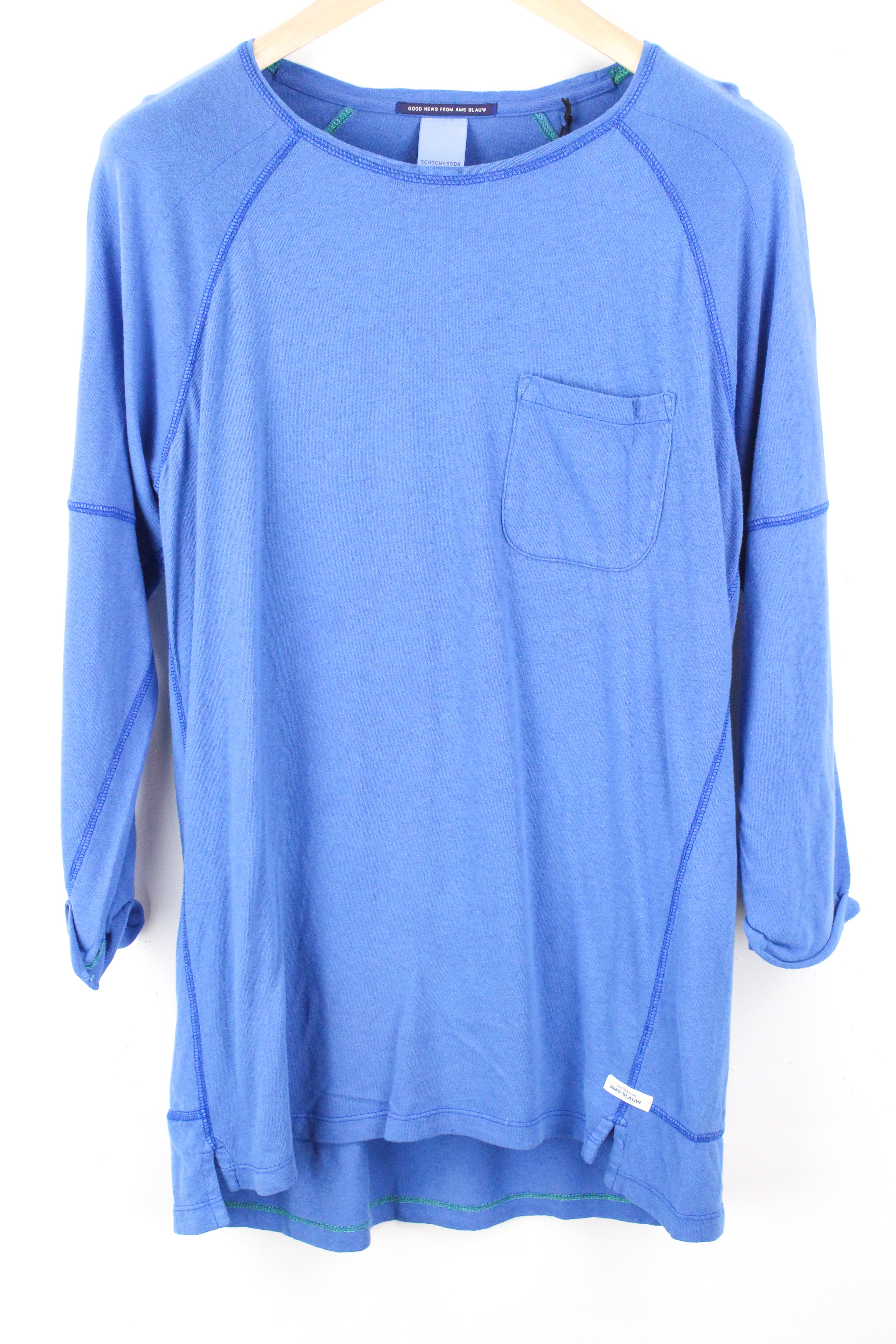 SCOTCH & SODA Ams Blauw Men's S Blue 3/4 Sleeve Pocket Pullover T-Shirt Casual