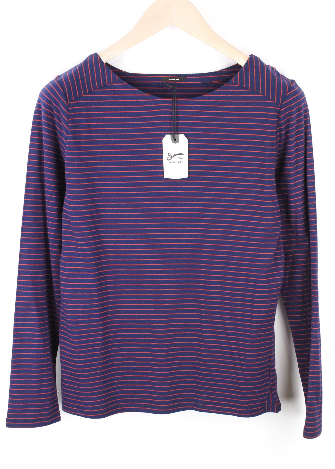 DENHAM Glide Women's XS Navy Cotton Long Sleeve T-Shirt with Red Stripes