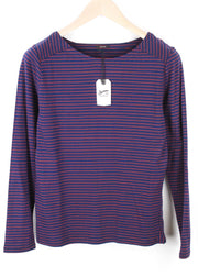 DENHAM Glide Women's XS Navy Cotton Long Sleeve T-Shirt with Red Stripes