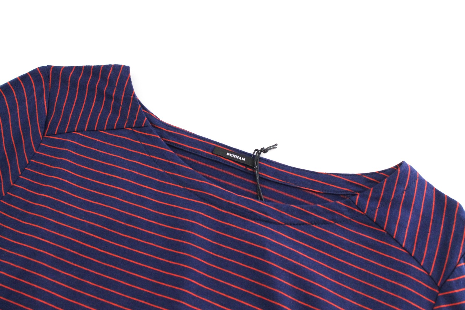 DENHAM Glide Women's XS Navy Cotton Long Sleeve T-Shirt with Red Stripes