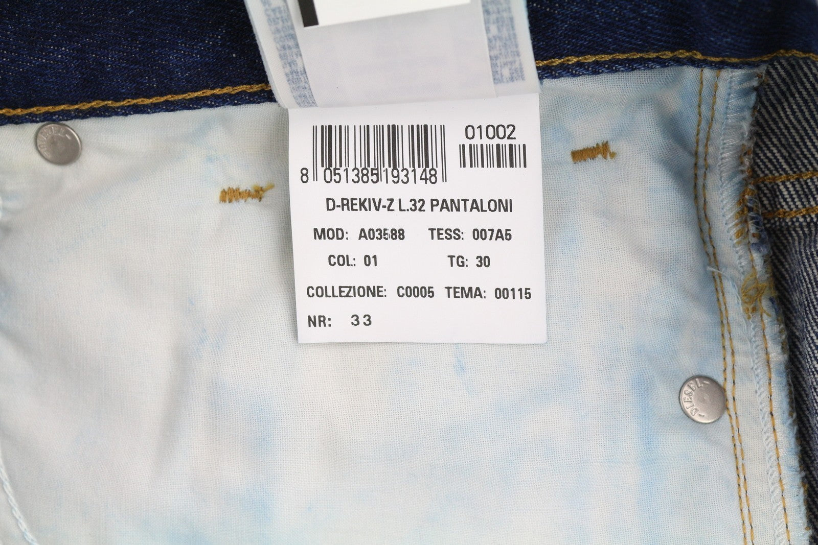 DIESEL D-Rekiv-Z 007A5 vyriški džinsai W30/L32 siaurėjantys, vidutinio mėlynumo, su sagomis. 