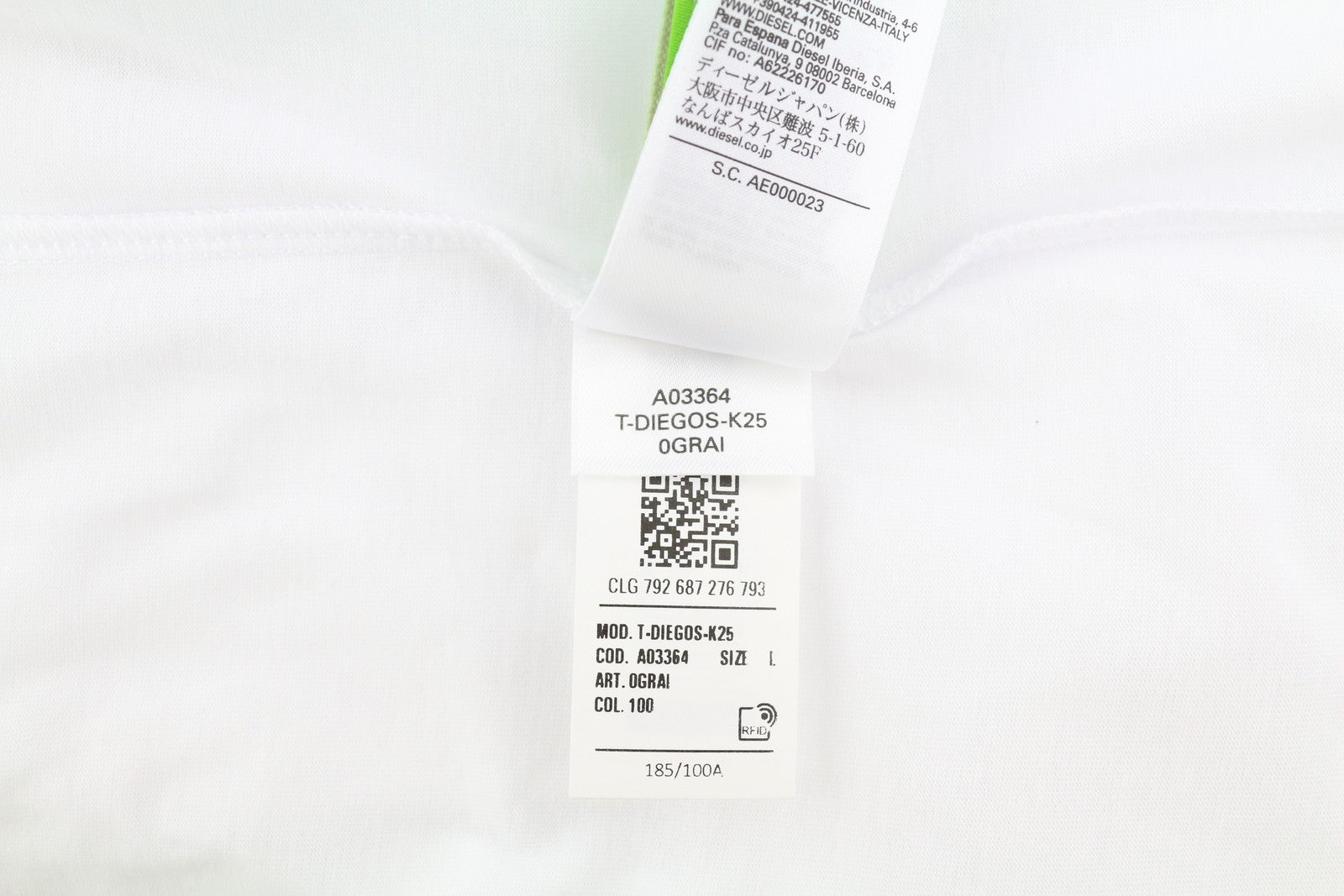 DIESEL T-Diegos-K25 Men T-Shirt L White Short Sleeved Crew Neck Cotton Logo