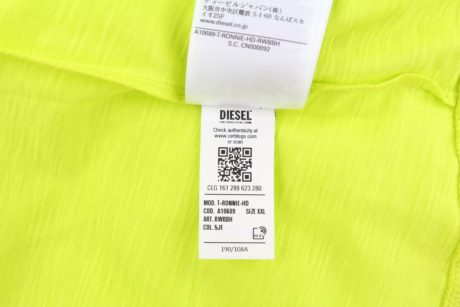 DIESEL T-Ronnie-HD Men T-Shirt 2XL Neon Yellow Short Sleeve Crew Neck Cotton