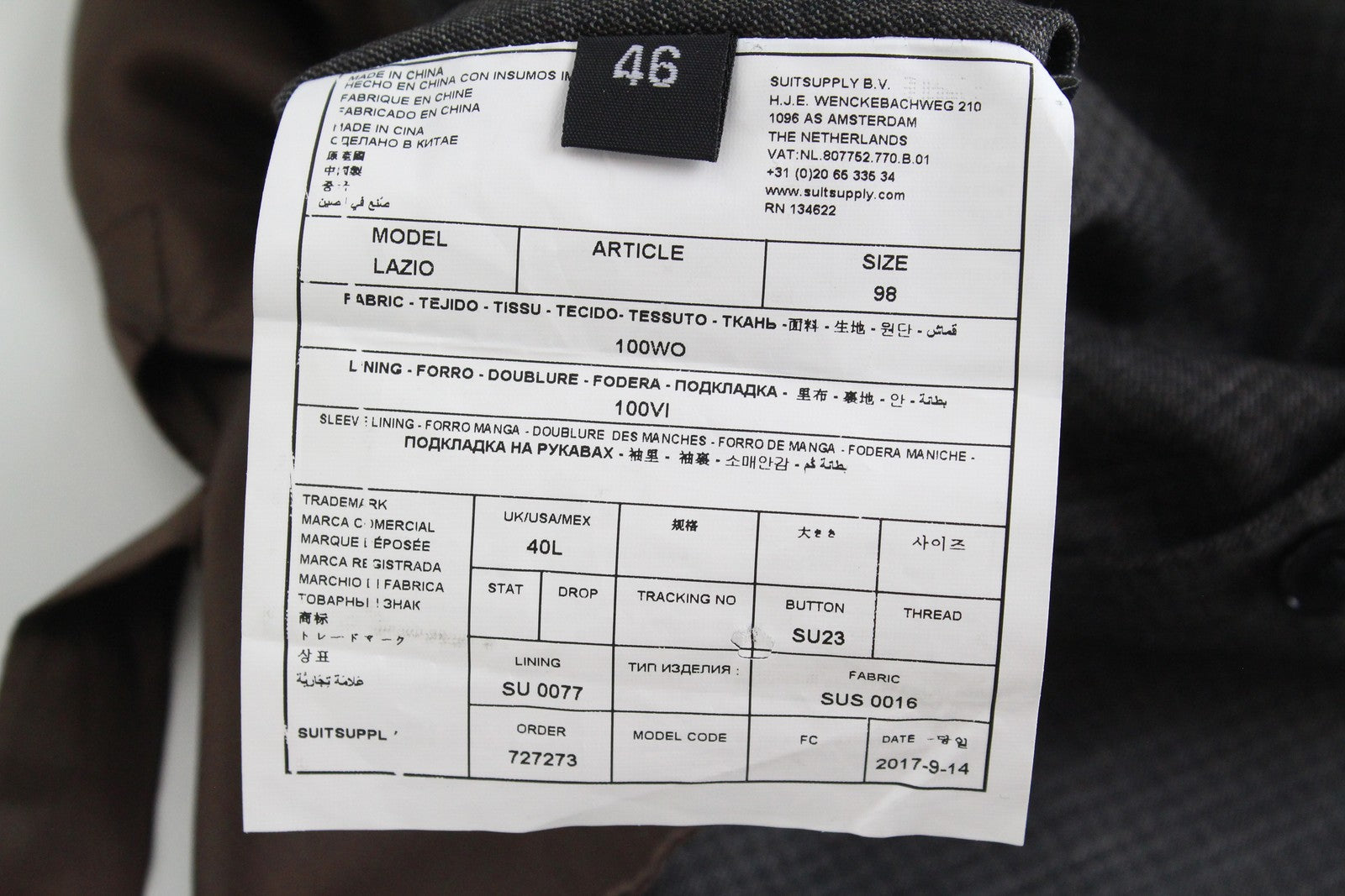 SUITSUPPLY Lazio vyriška pilka, vilnoni liemenė su pamušalu ir V formos iškirpte, 40L dydžio, raštuota 