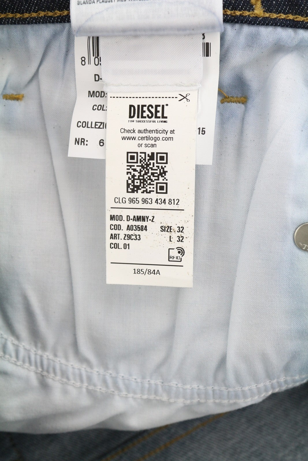 DIESEL D-Amny-Z Z9C33 vyriški džinsai W32/L32 Slim Fit su užtrauktukais ir kišenėmis tamsiai mėlynos spalvos džinsinis audinys 