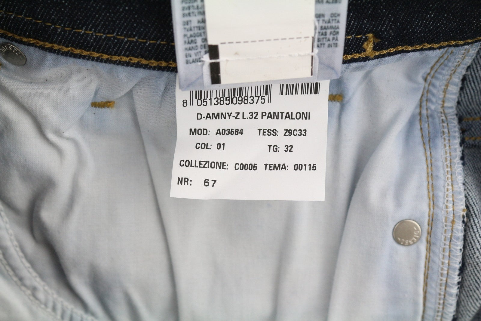 DIESEL D-Amny-Z Z9C33 vyriški džinsai W32/L32 Slim Fit su užtrauktukais ir kišenėmis tamsiai mėlynos spalvos džinsinis audinys 