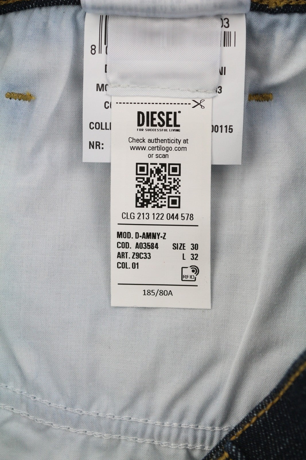 DIESEL D-Amny-Z Z9C33 vyriški džinsai W30/L32 Slim Fit su užtrauktukais ir kišenėmis tamsiai mėlynos spalvos džinsinis audinys 