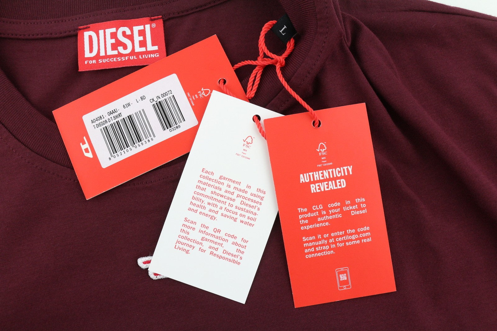 DIESEL T-Diegor-D vyriški marškinėliai L dydžio bordo spalvos, trumpomis rankovėmis, apvalia kaklo iškirpte, trikotažo medvilniniai marškinėliai