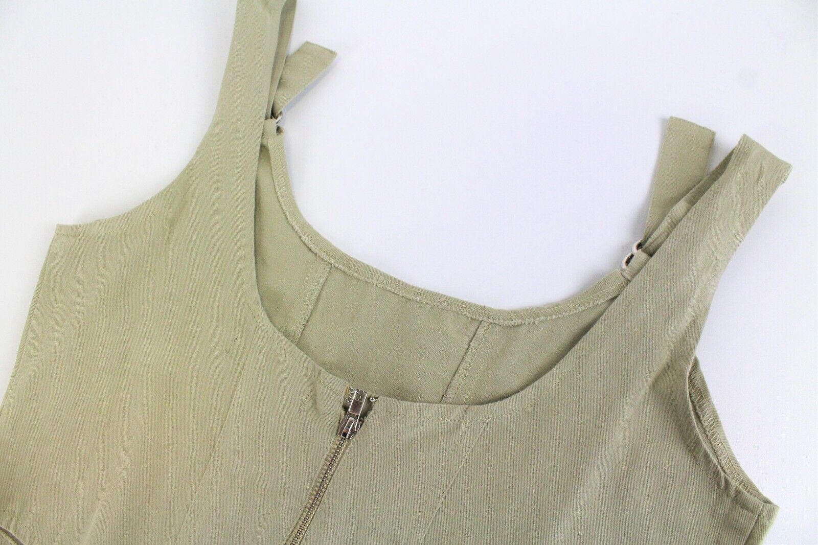 MISSGUIDED Women Top UK10 Khaki Cropped Sleeveless Pure Cotton Metal Detail