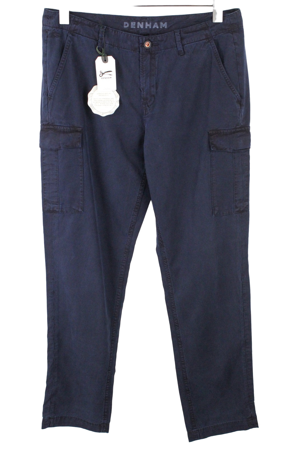 DENHAM Tara moteriškos W27/L30 tamsiai mėlynos medvilnės mišinio kelnės su keliomis kišenėmis 