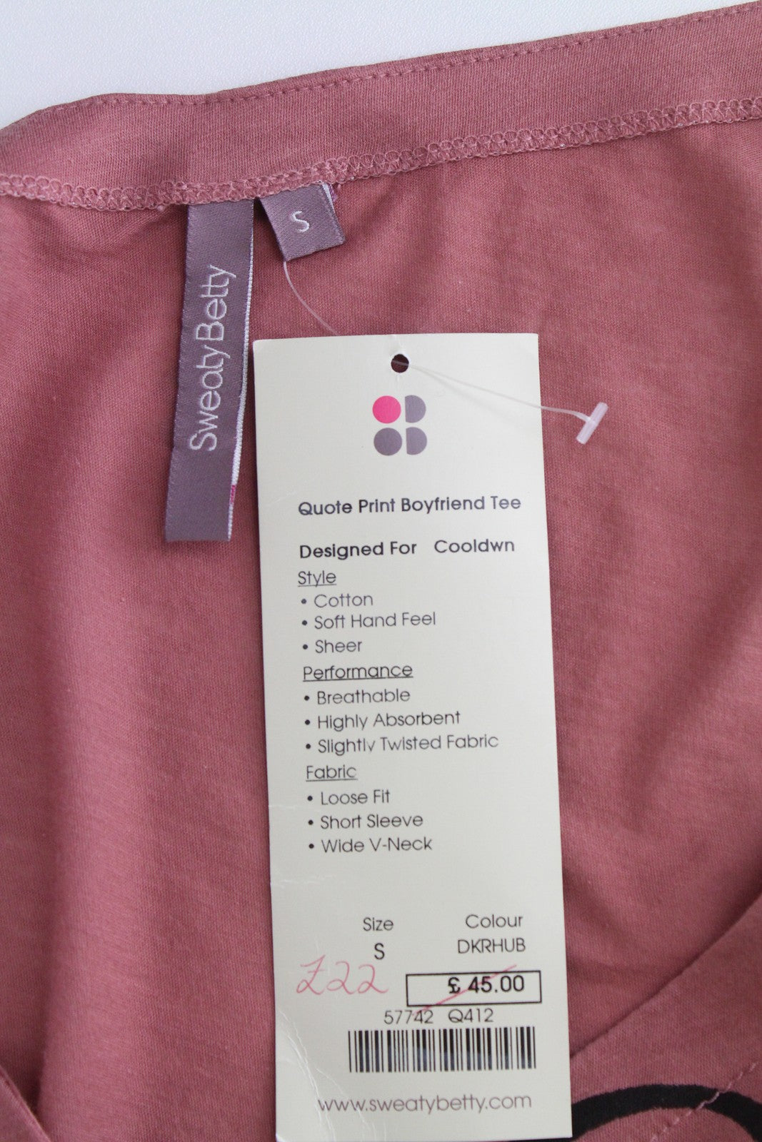 SWEATY BETTY Boyfriend Tee moteriški rožiniai medvilniniai marškinėliai trumpomis rankovėmis su šūkiu