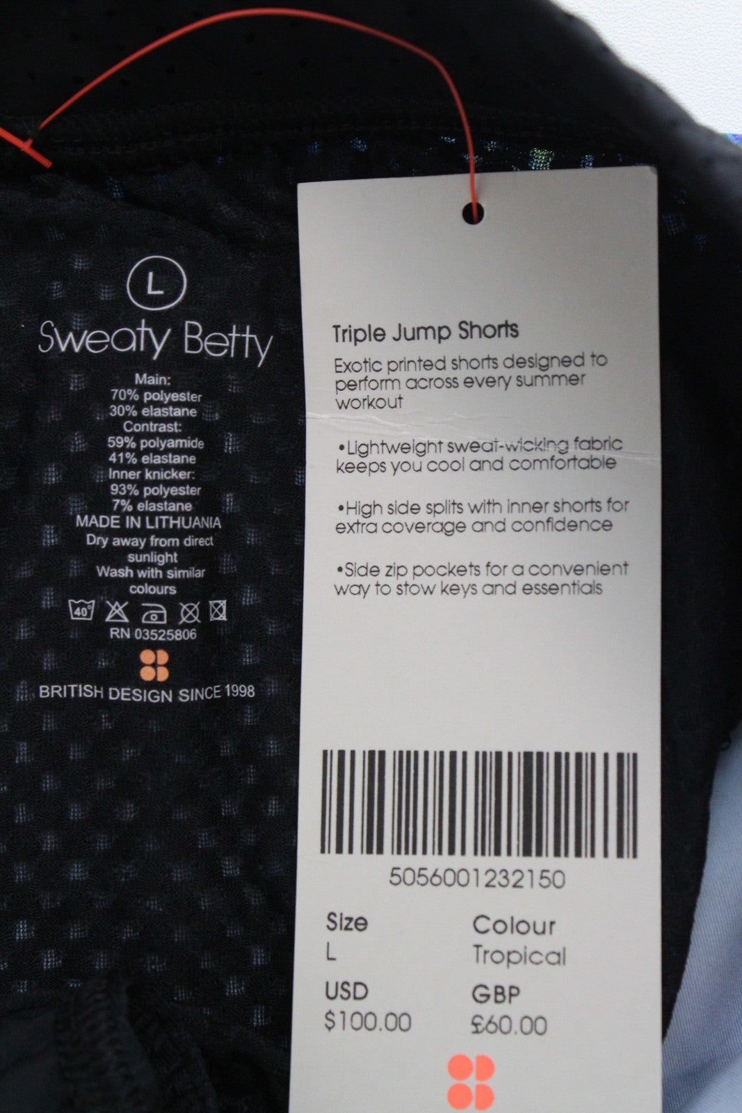 „SWEATY BETTY“ trigubo šuolio moteriški L dydžio mėlyni tamprūs marginti sportiniai šortai 