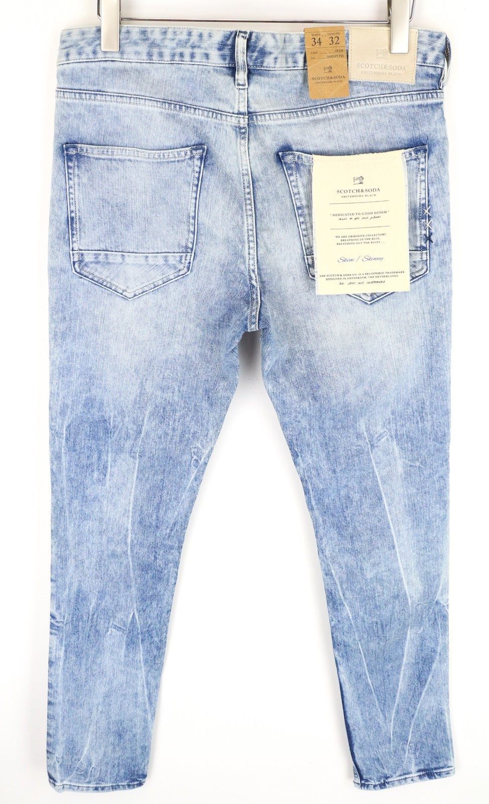 SCOTCH &amp; SODA Skim vyriški mėlyni aptempti džinsai W34 L32 tamprūs džinsai iš skalbtos medvilnės 