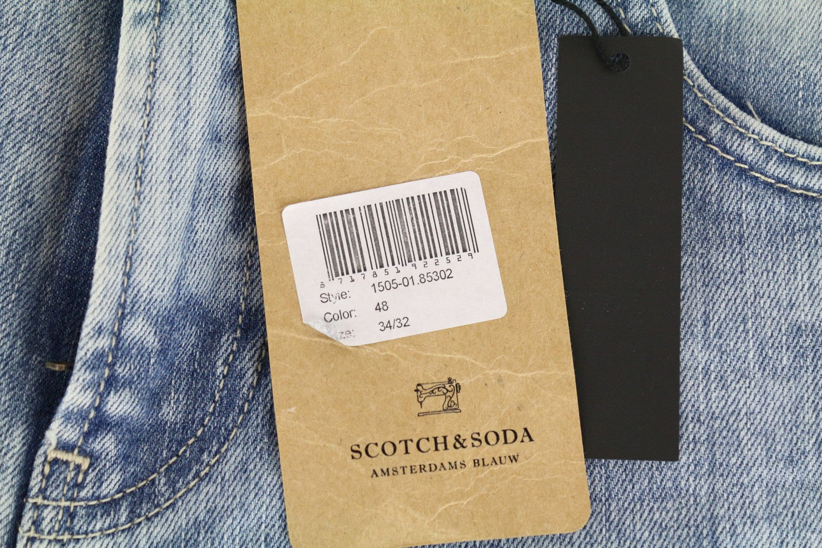 SCOTCH &amp; SODA Skim vyriški mėlyni aptempti džinsai W34 L32 tamprūs džinsai iš skalbtos medvilnės 