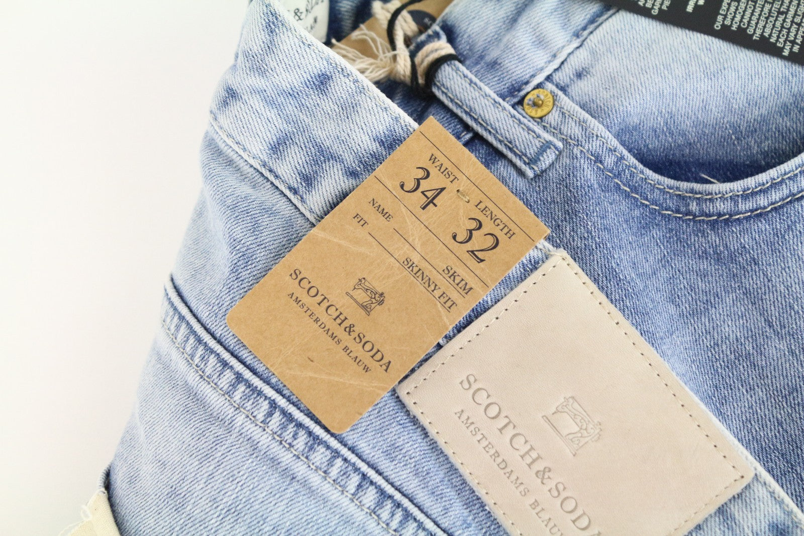 SCOTCH &amp; SODA Skim vyriški mėlyni aptempti džinsai W34 L32 tamprūs džinsai iš skalbtos medvilnės 