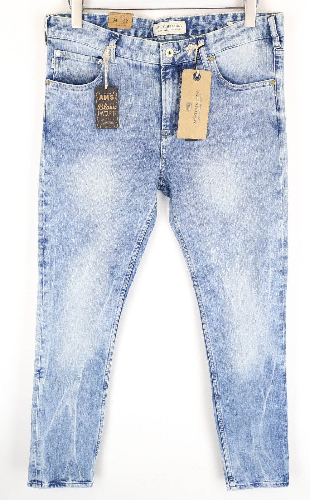 SCOTCH &amp; SODA vyriški skim džinsai W34 L34 mėlyni tamprūs medvilniniai aptempti džinsai skalbinių spalvos 