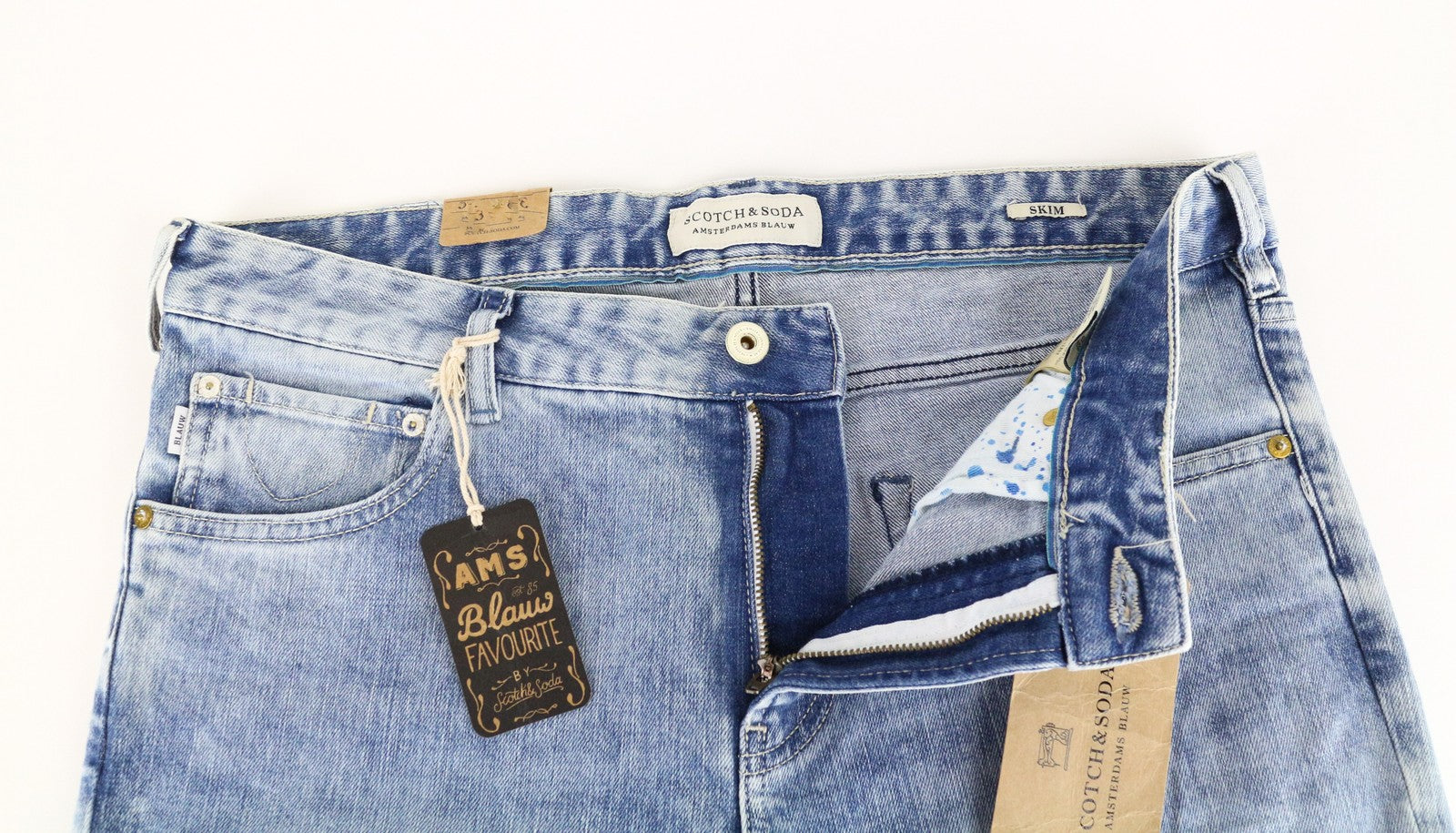 SCOTCH &amp; SODA vyriški skim džinsai W34 L34 mėlyni tamprūs medvilniniai aptempti džinsai skalbinių spalvos 