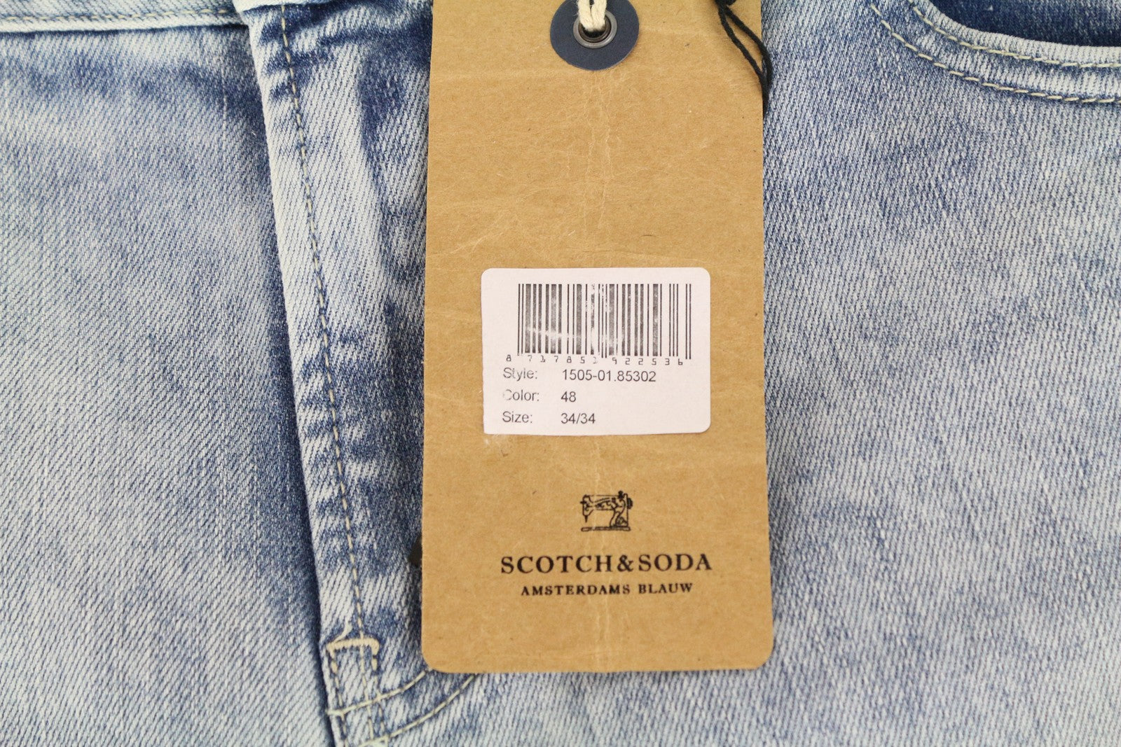 SCOTCH &amp; SODA vyriški skim džinsai W34 L34 mėlyni tamprūs medvilniniai aptempti džinsai skalbinių spalvos 