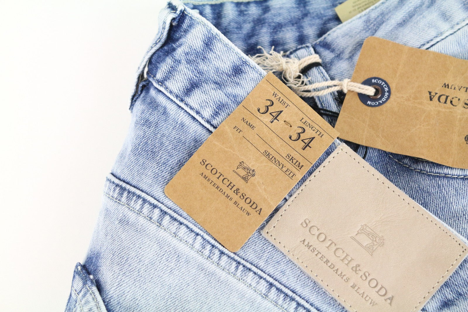 SCOTCH &amp; SODA vyriški skim džinsai W34 L34 mėlyni tamprūs medvilniniai aptempti džinsai skalbinių spalvos 