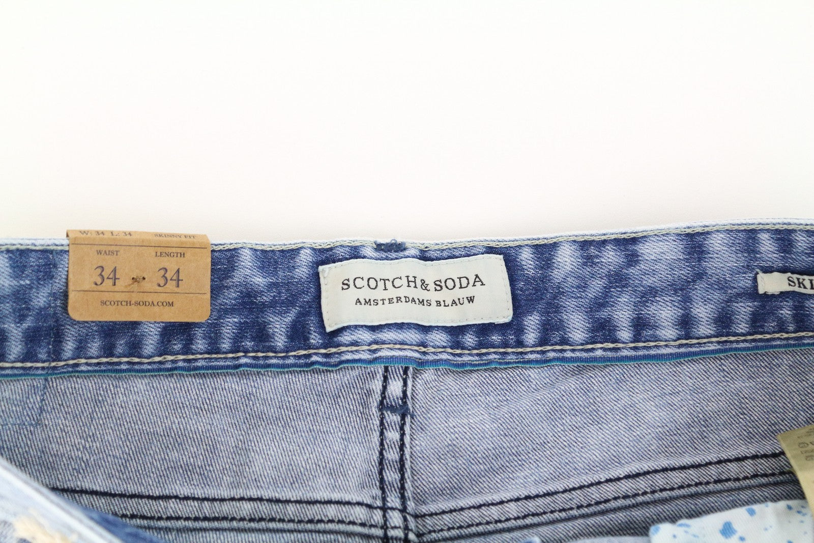 SCOTCH &amp; SODA vyriški skim džinsai W34 L34 mėlyni tamprūs medvilniniai aptempti džinsai skalbinių spalvos 